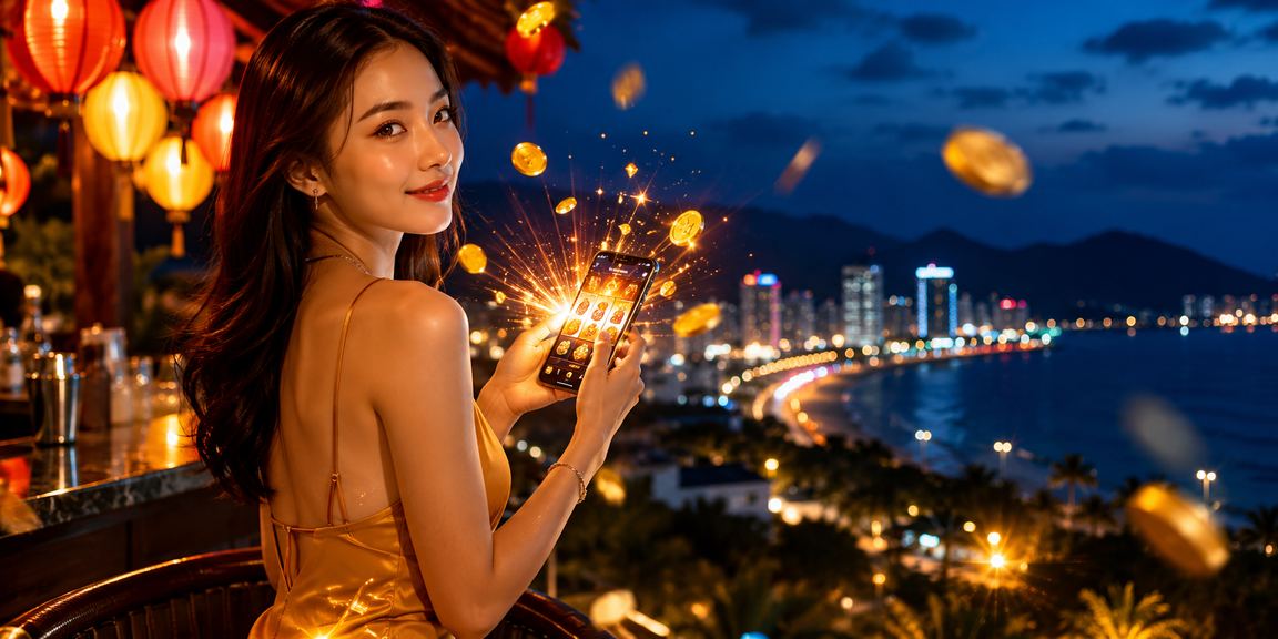 Người chơi slots tại Hội An trong không gian đèn lồng truyền thống, truy cập nền tảng qua di động