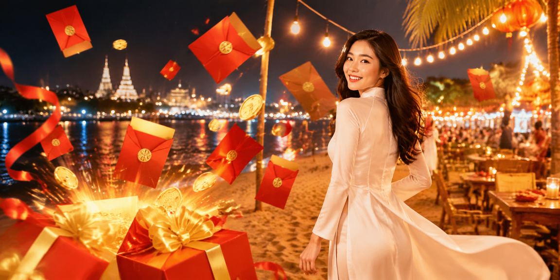 Người phụ nữ mặc áo dài vùng đồng bằng Mekong tham gia chương trình thưởng phong bì đỏ dịp lễ
