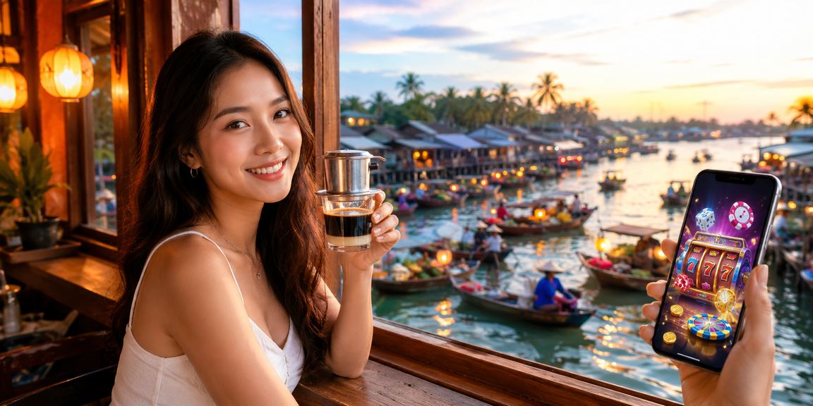 Người dùng tại Phú Quốc thư giãn bên ly cà phê và truy cập casino trên điện thoại di động